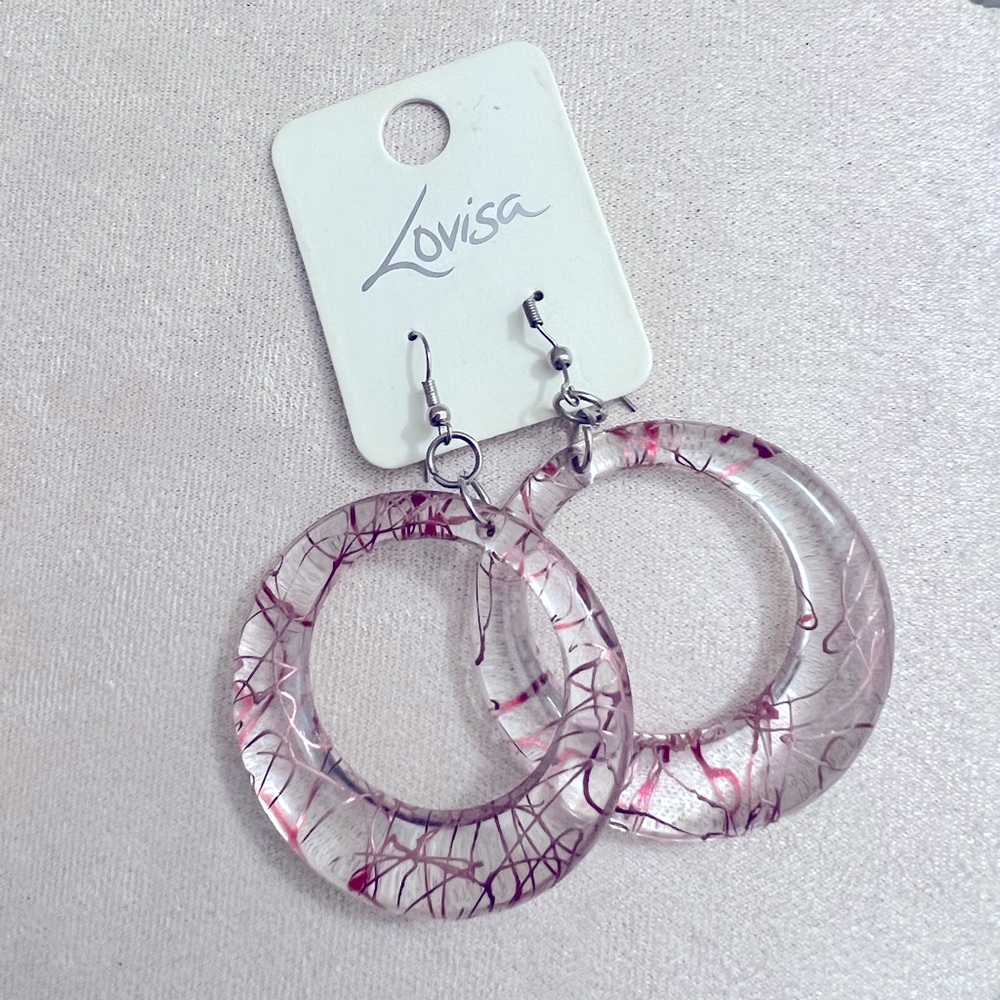 Clear Acrylic dangling earrings with pink metallic drizzle